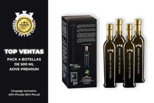 Aceite de oliva virgen extra -Tercio de las Torres – 4 Botellas de cristal de 500ml.